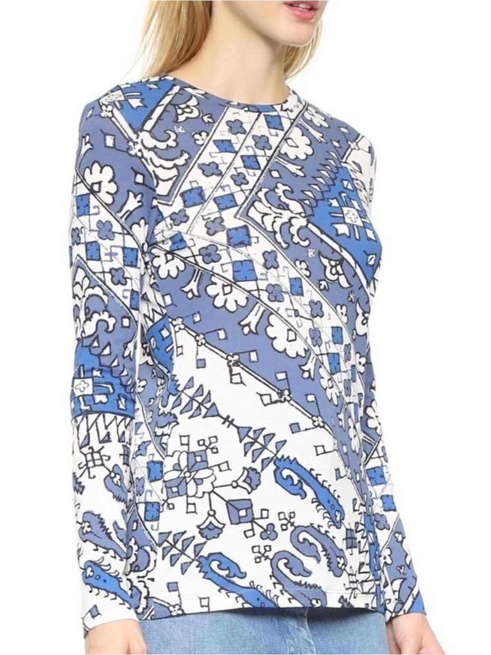 Tory Burch Malibu Long Sleeve Printed Top in Lisbon Blue Size XS